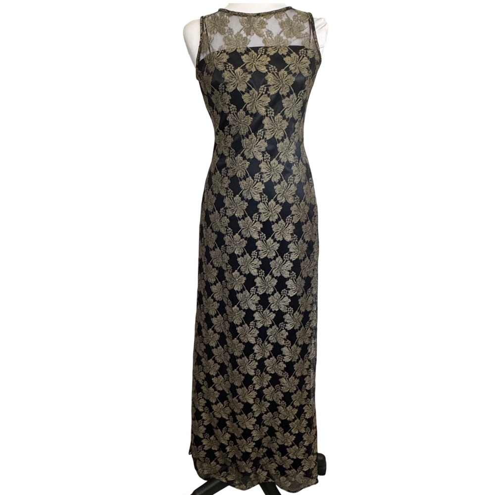 Rimini by Shaw Vintage Dress Black Gold Floral Lace Sheer Neck Sleeveless Maxi 6